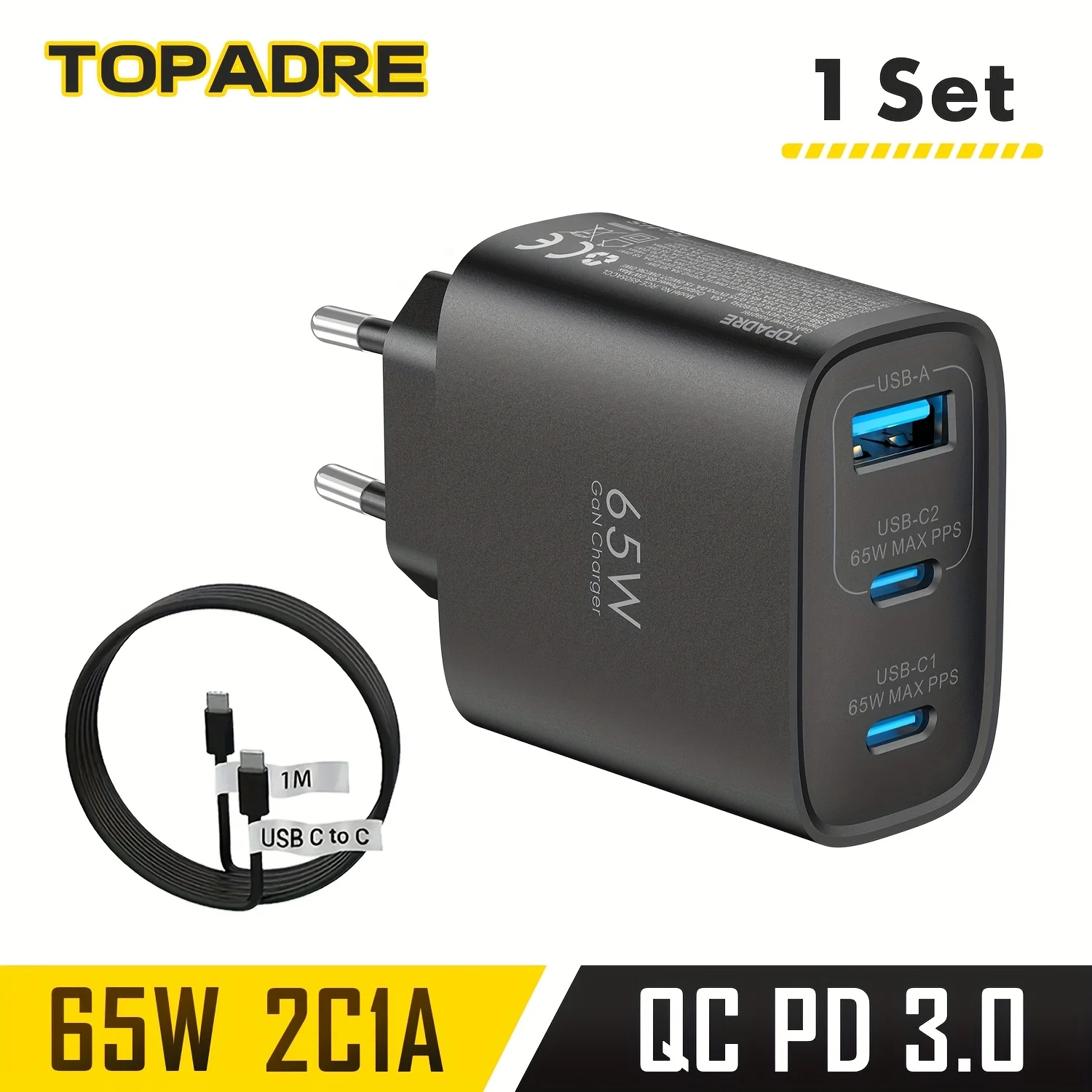 GaN Schnellladegerät 65W USB Typ C 3-Port-Ladegerät PD 3.0 Schnellladung Wandadapter für iPhone 17 Xiaomi Huawei Samsung