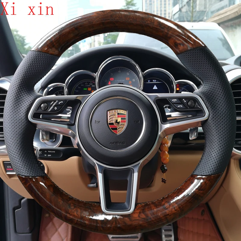 For Porsche Cayenne Macan DIY imitation peach wood trim hand sewn leather steering wheel cover