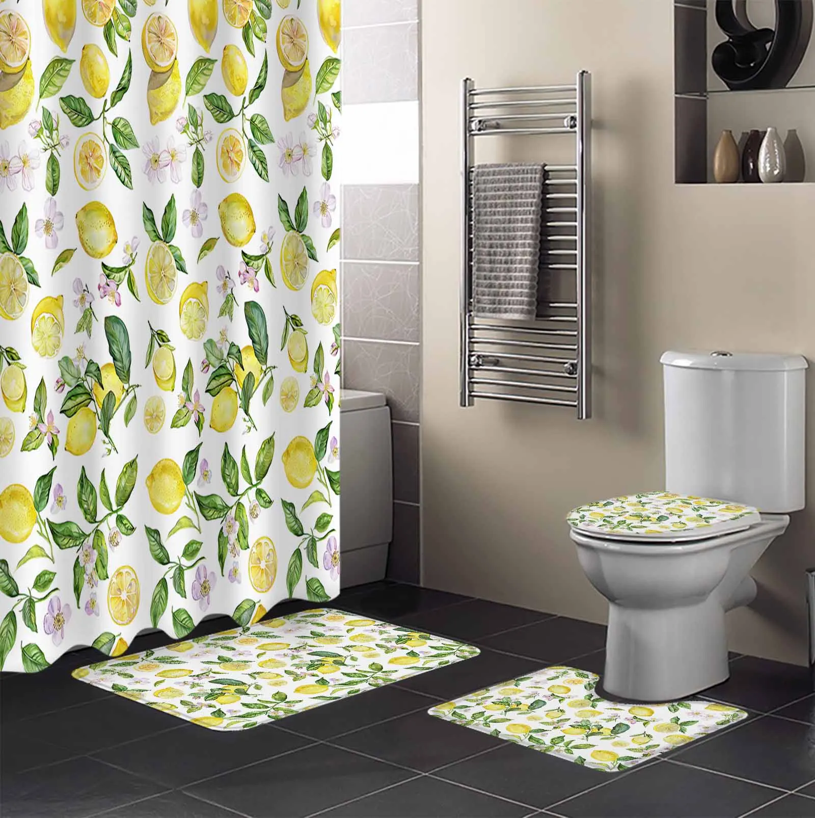 Watercolor Fruit Lemon Flower Vintage Shower Curtain Set Non-Slip Rugs Bath Mat Toilet Lid Cover Waterproof Bathroom Curtain