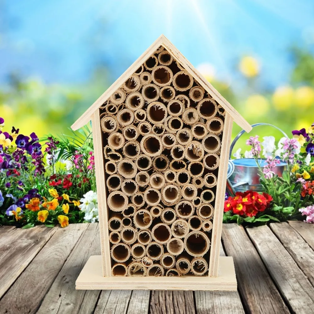2 Pcs Wonderful Gift Wood Wooden Bee House Reed Non-Toxic Insect House Durable Wall Mountable Nesting Box Native Pollinator Bees