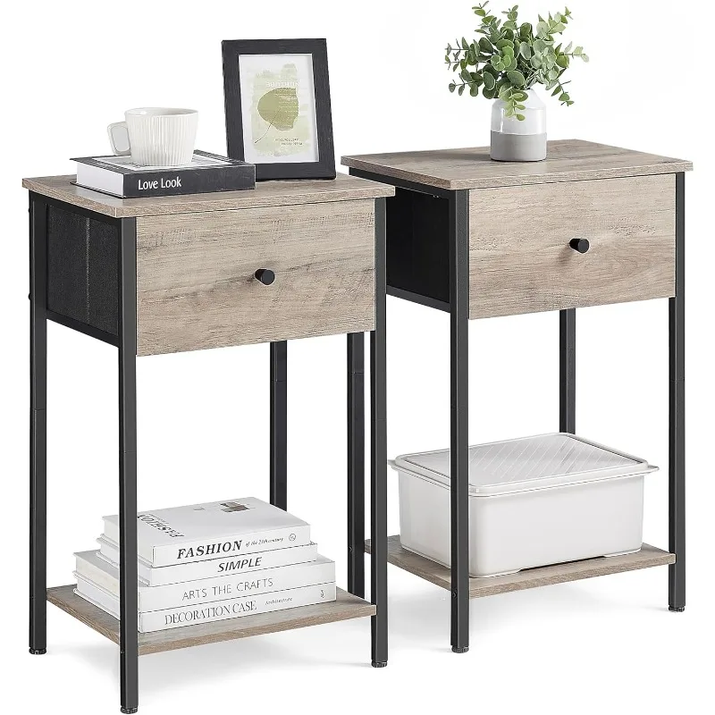 

Nightstands, Set of 2, Side Table with Fabric Drawer, 24-Inch Tall End Table with Storage Shelf, Bedroom, Greige and Black