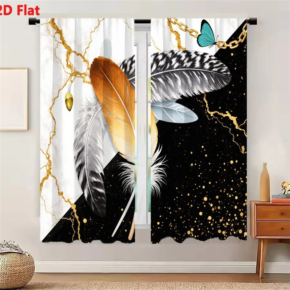 2Pcs Curtains 2D Flat Elegant Artistic Feather Decorative Composition With White Marble Gold Veins Black Gold Dots Turquoise But