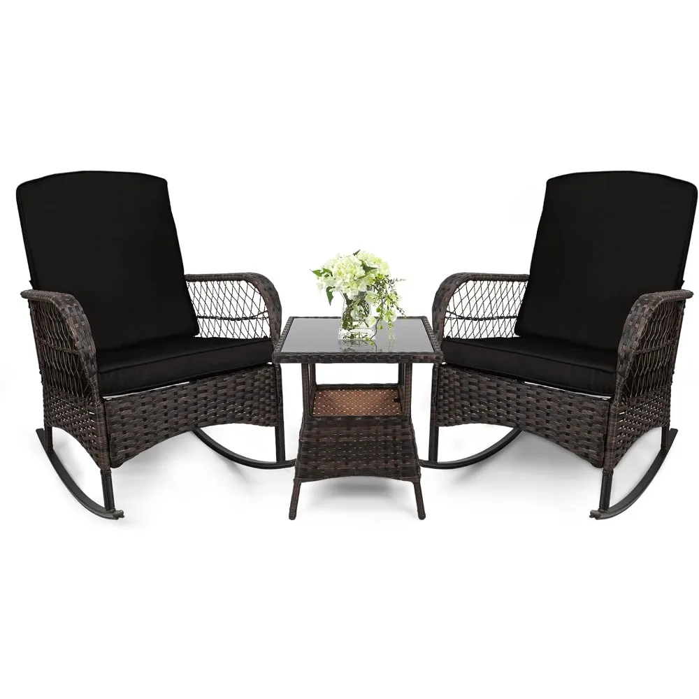 3 Pcs Rocking Bistro Set Conversation Chairs PE Wicker Outdoor Rocking Chairs Garden Furniture Sets Outdoor Furniture