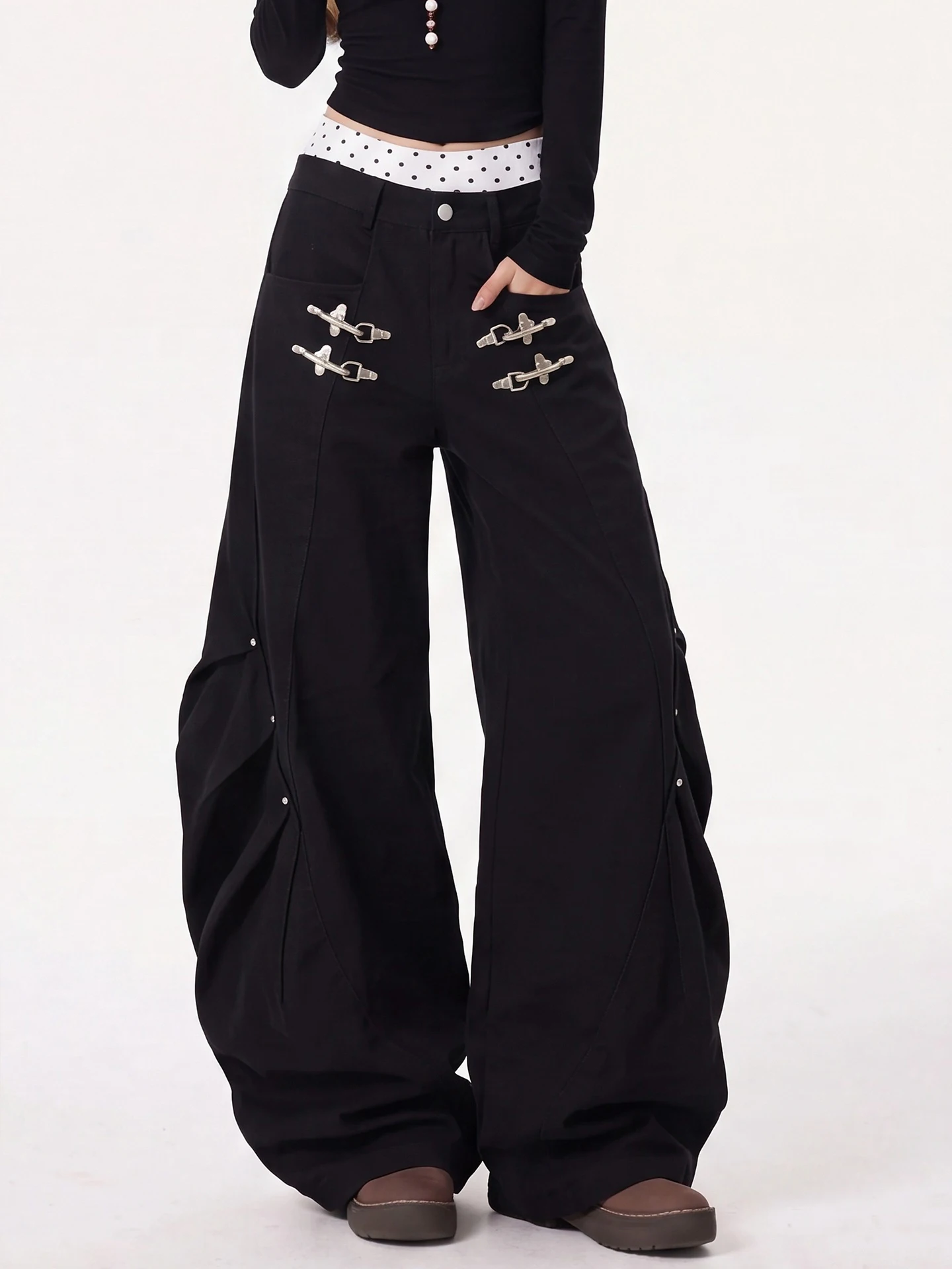 Dark Style Pleated Wide Leg Workwear Pants Women's Black Knife  Pants Metal Buckle Decorative Street Fashion Casual Pants