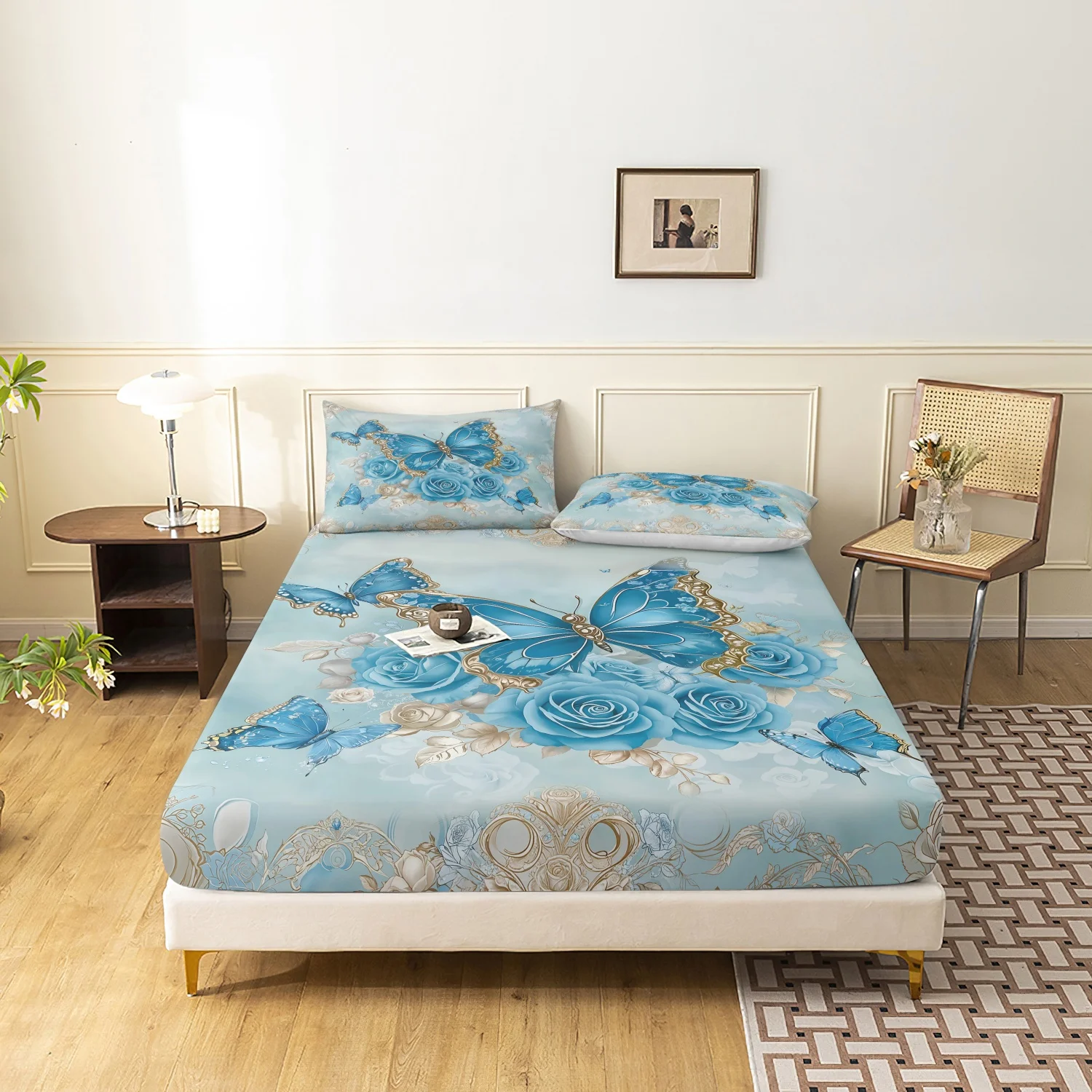 3 Pieces Light Cyan Blue Rose Butterfly Print Fitted Sheet Set, Elegant Golden Vintage Ornament Floral Print Bedding