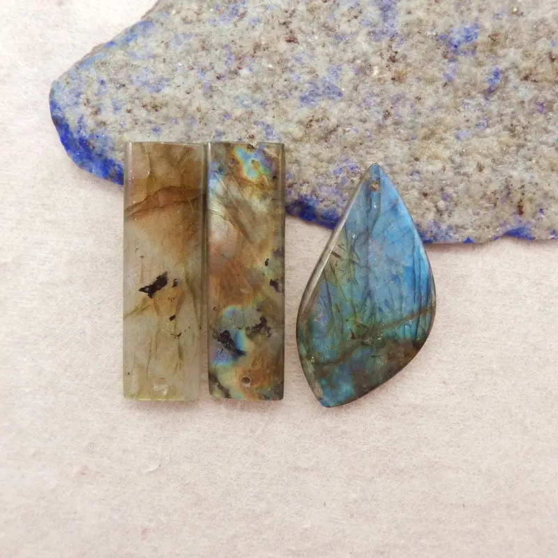 3PCS Iridescent Labradorite Mixed Shapes Pendants Handcrafted Natural Stone for Boho Artisan Jewelry 37x114mm-13.2g