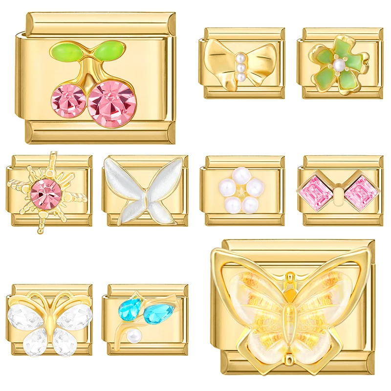 أزياء بسيطة ملونة الزركون فراشة القلب الذهب اللون الإيطالية سحر الروابط صالح 9 مللي متر سوار الفولاذ المقاوم للصدأ صنع المجوهرات #1