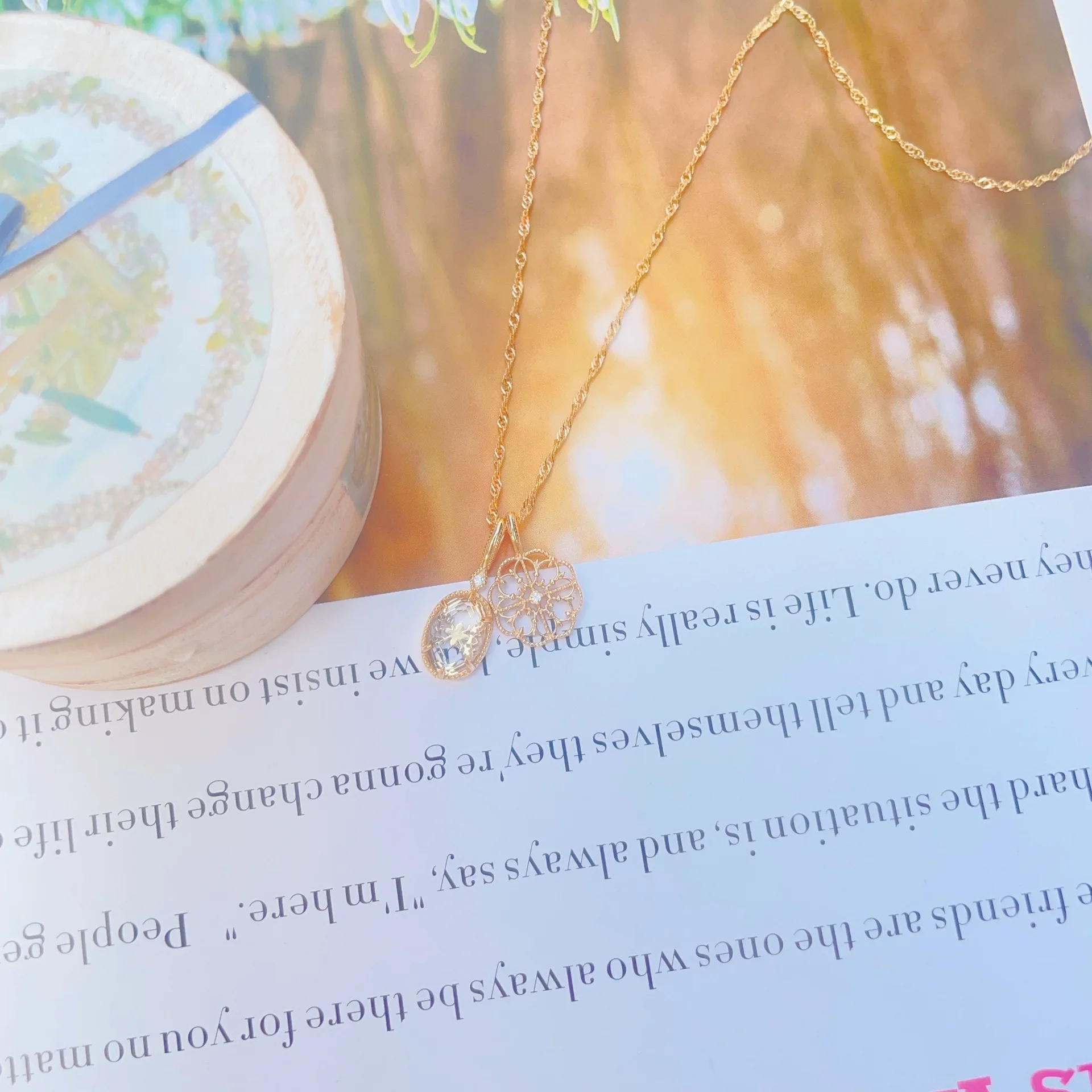 Women S925 Sterling Silver Gold Plated Vintage Hollow Flower Natural White Crystal Double Pendants Dainty Clavicle Necklace Gift