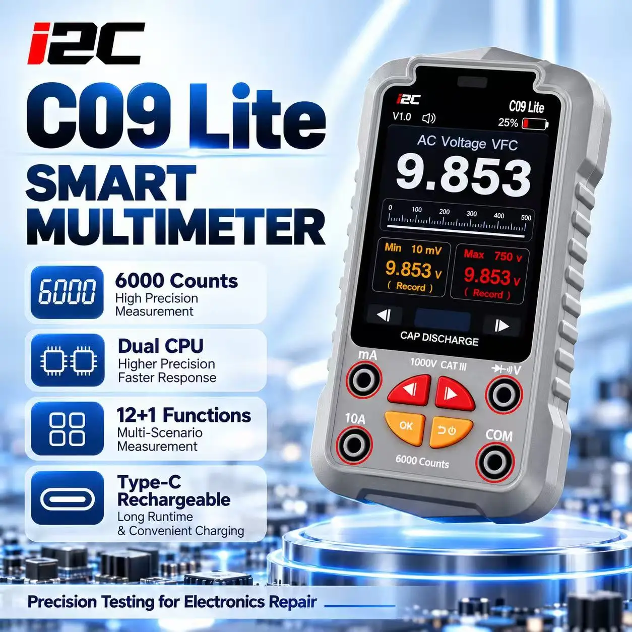 i2C C09 Lite Smart Multimeter 12+1 Functions Diode Continuity Capacitance Temperature Test Meter for Electronics Repair
