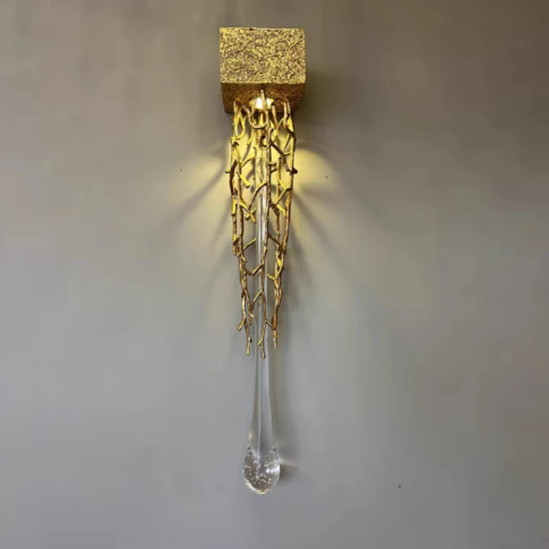 Nordic Crystal Wall Scone Lamp for Bedroom Stairs Living Room Luxury Gold Water Drop Glass Bedside Interior Crystal Wall Lights