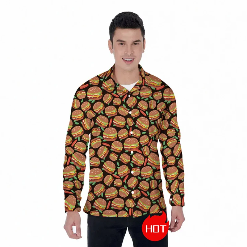 

Food Hamburger Graphic Shirts For Men Clothes Casual Autumn Hawaiian Burger Beach Shirt Aloha Hip Hop Long Sleeve Blouses Tops