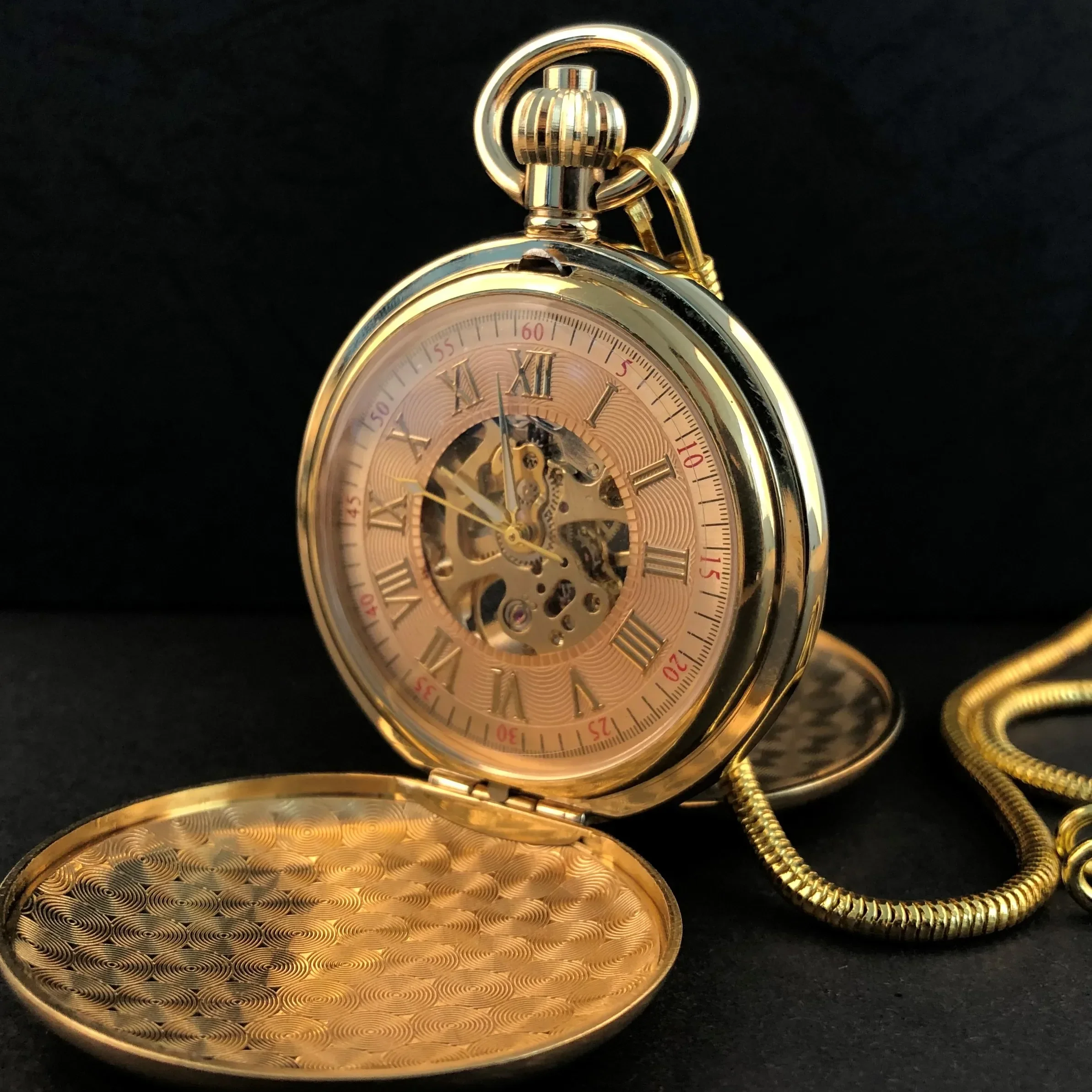 Vintage Gold 2 Sides Open Case Pocket Watch Mechanical Hand-winding Mens Women Pocket Watches Pendant with Chain Clock Gift