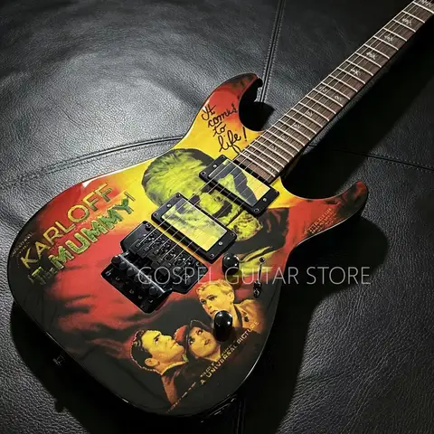 Guitare électrique avec imprimé rétro, fond dégradé rouge, jaune et orange, schéma de couleurs dégradées flamboyantes, double micros (double bobine), système double tremolo style Floyd Rose, quincaillerie noire, en stock, livraison gratuite