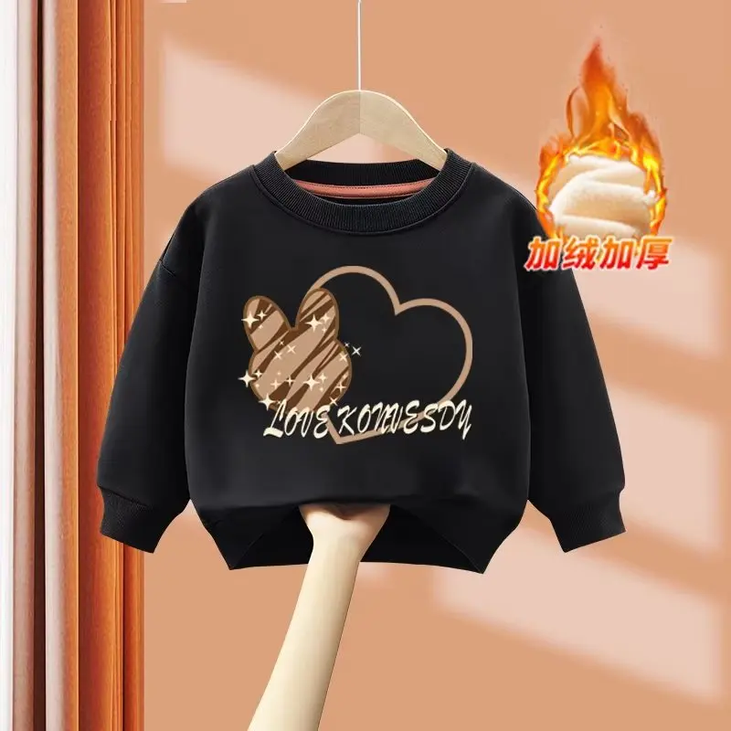 Winter Girls' Velvet Sweatshirts Children's Thick O Neck Warm Long Sleeved T-shirt Cartoon Printed Top Kids Clothes Girls New