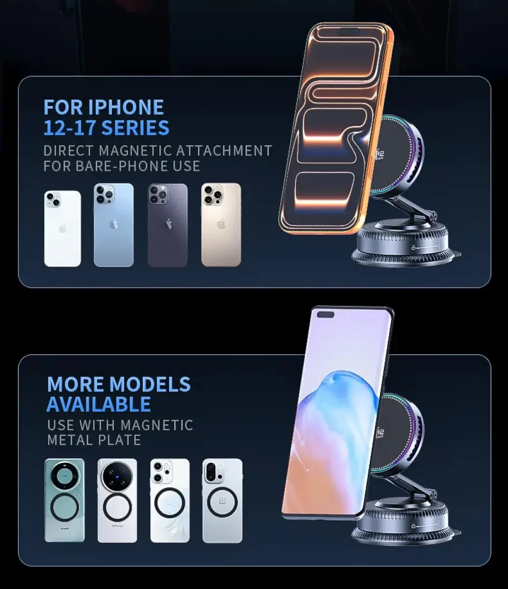 QI2.2 25W Magnetisches kabelloses Autoladegerät, 360-Grad-drehbare Autotelefonhalterung mit Vakuumsaugnapf für iPhone 17 Pro Max – Detail 11