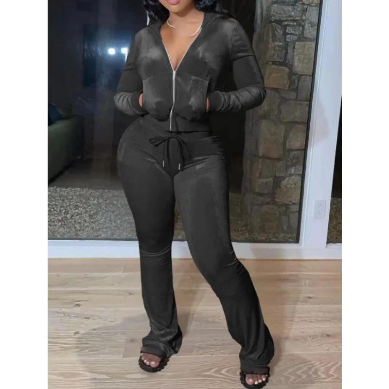 Women's plus size autumn and winter solid color set long sleeved hooded zipper top and drawstring casual pants two-piece set