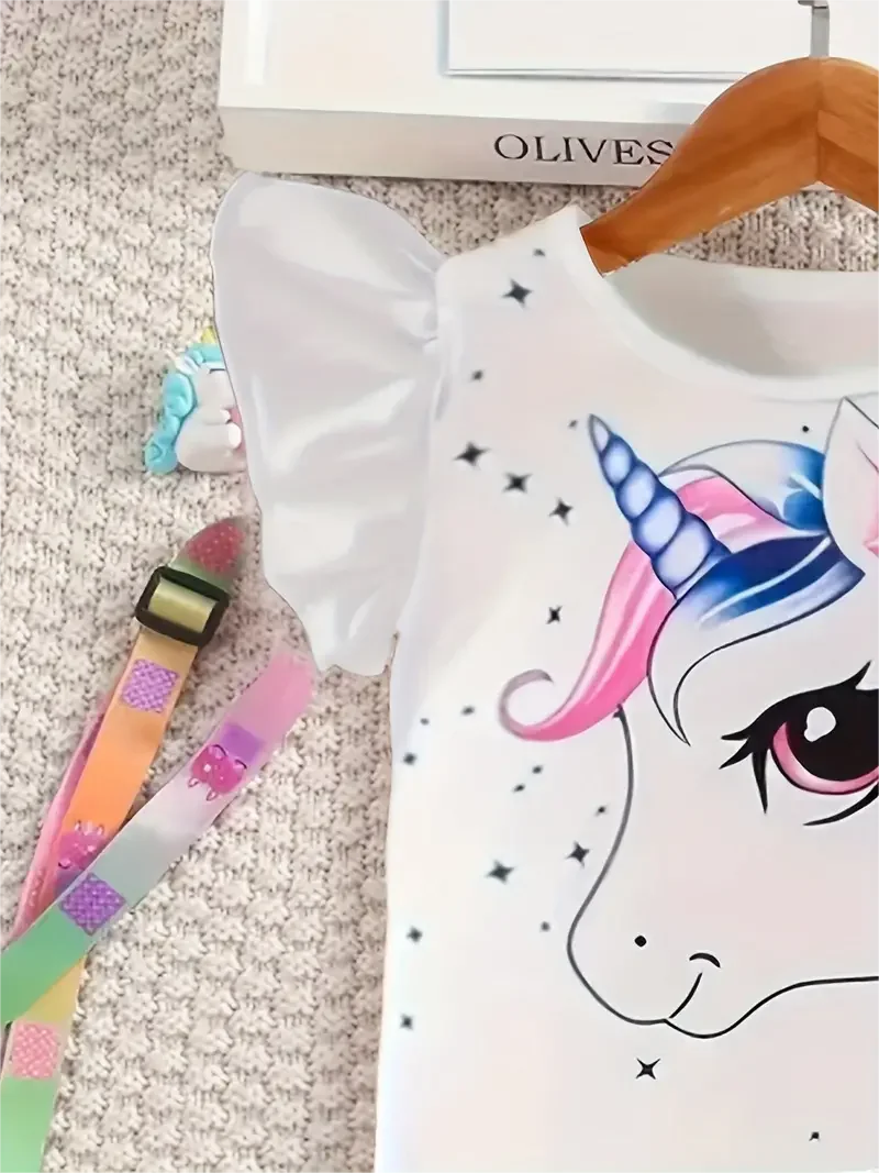 Summer girls fashion trend set, 2-piece peplum cartoon unicorn T-shirt and faux denim print bell bottoms image 4