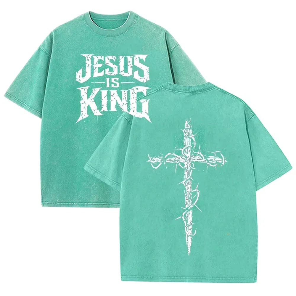 Asiatische Größe, Jesus Is King Cross Grafik-T-Shirt, gewaschenes Vintage-Distressed-Oversize-T-Shirt mit kurzen Ärmeln, Streetwear-T-Shirt – Detail 6