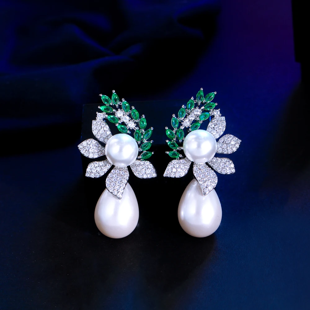 CWWZircons Symmetrical Leaf Shape Green Cubic Zirconia Long Big Water Drop Dangle Pearl Wedding Banquet Party Earrings CZ950