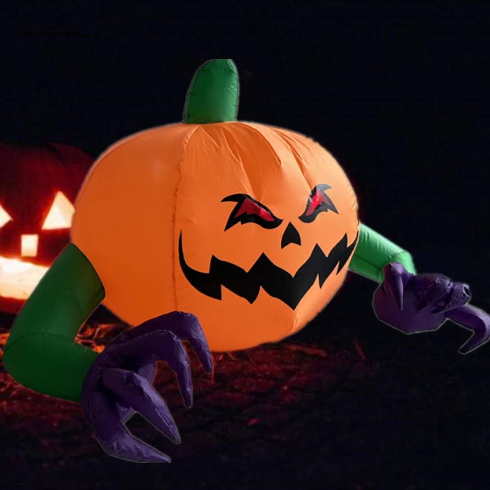 Citrouille Gonflable aux Yeux Rouges pour Halloween, Modèle Fantôme à Bras Long, Lumière LED spatirée, Accessoire de Décoration pour Cour Extérieure, 1.2m/4 Pieds de Large