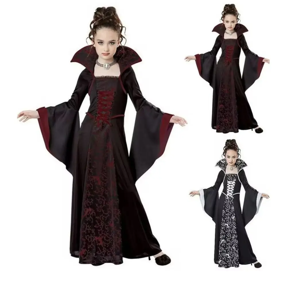 

Stand Collar Halloween Clothing Bell Sleeve Lace Up Halloween Witch Long Dress Funny Party Children Medieval Printed Dress Kids
