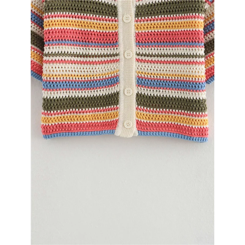 AOAO-Conjuntos cortos de ganchillo para mujer, cárdigan con botones a rayas y pantalones cortos, trajes de punto de 2 piezas