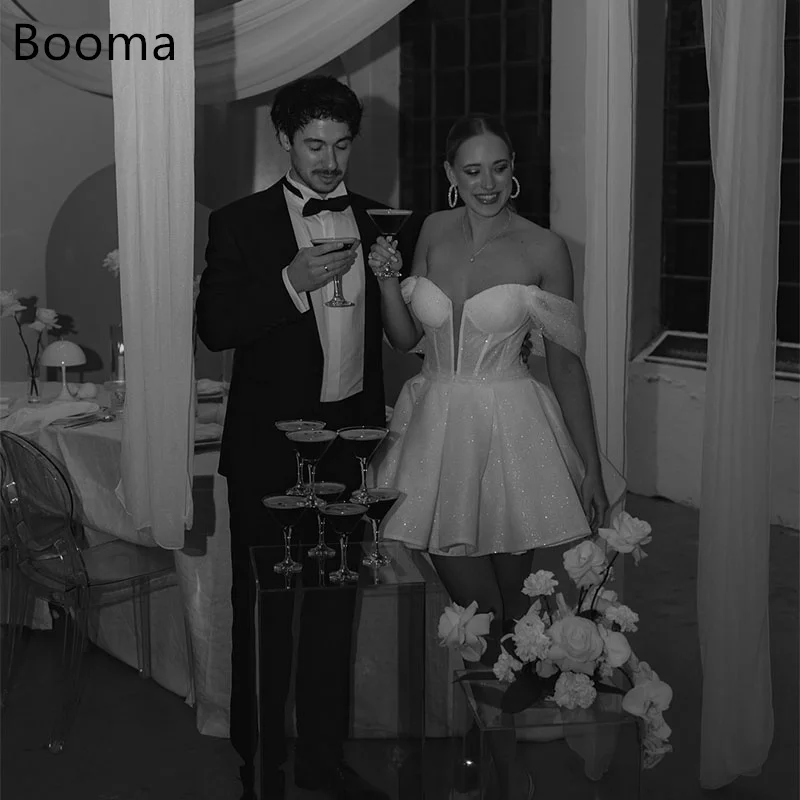 

Booma A-Line Short Wedding Party Dresses Off The Shoulder Brides Party Gowns for Women Pleats Bridals Dress Customized