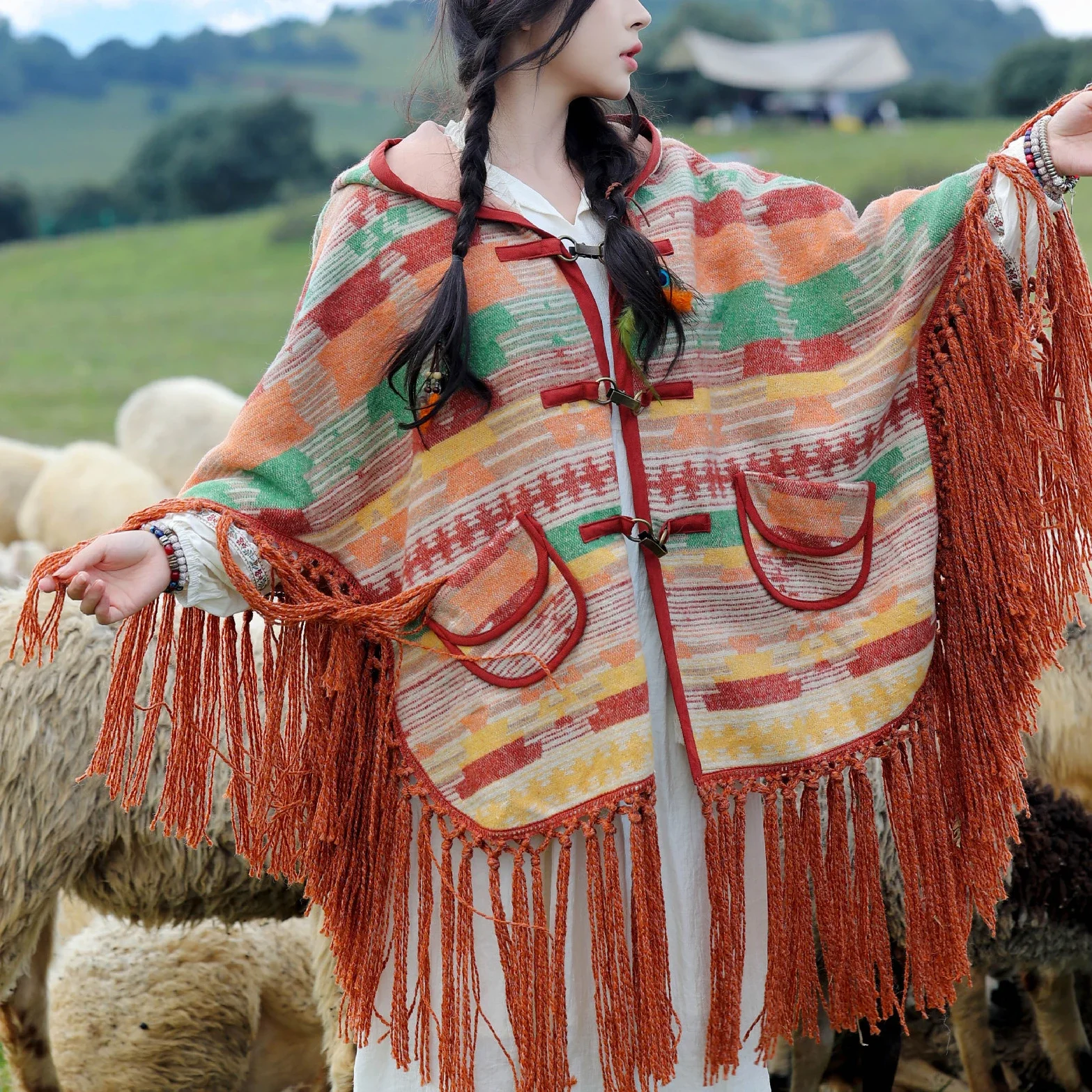 

TEELYNN Ethnic Cape Dresses Women Tops Tassel Fringe Autumn Winter Handmade Wool Shawl Bohemian Warm Jacket Hooded Knit Cloak