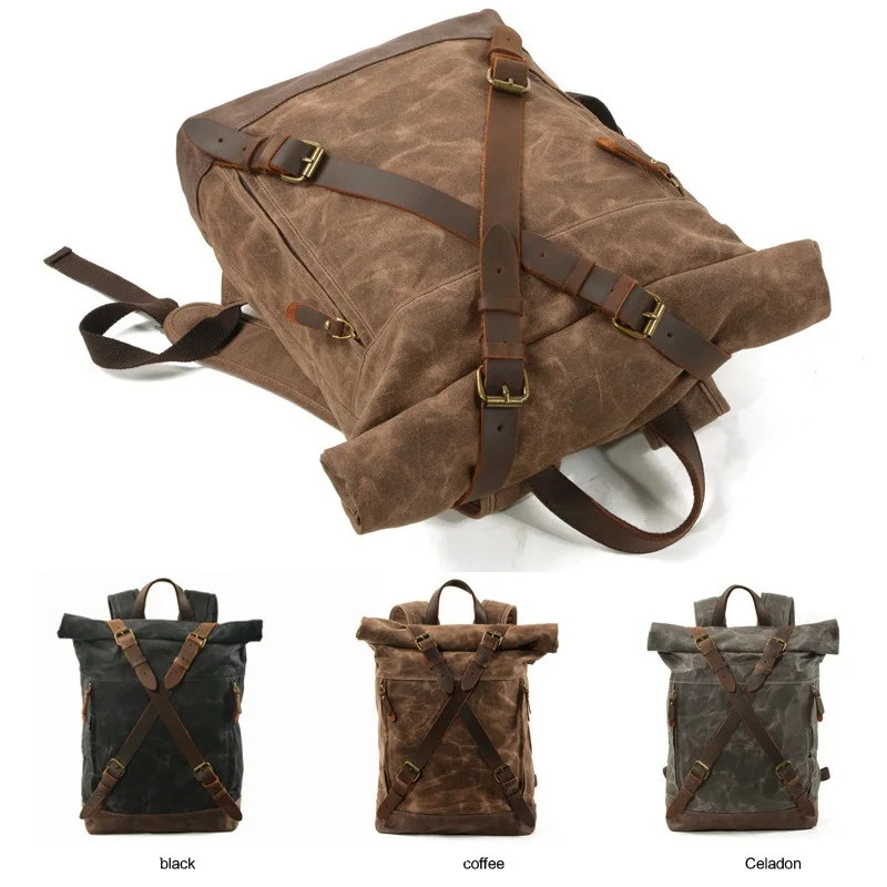 Waxed Canvas Rolltop Backpacks Large Capacity Men Laptop Leather College Travel Vintage Weekend Waterproof Anti-theft Rucksack