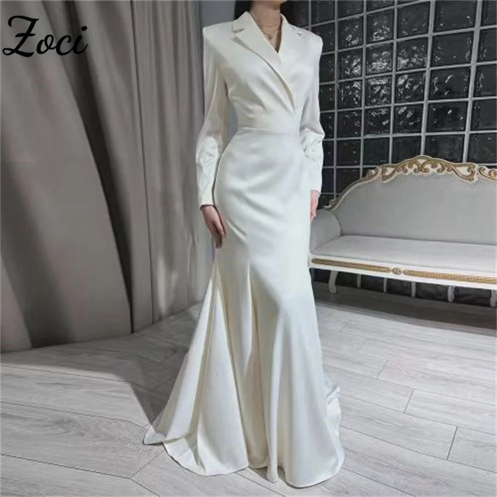 

Zoci Modest V Neck Saudi Arabic Wedding Dresses Customized Long Sleeves Silk Satin Bride Dress Dubai Muslim Mermaid Bride Dress