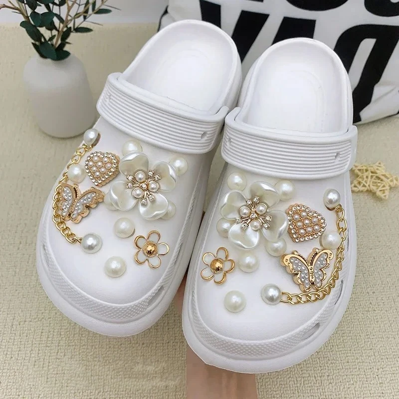 Pearl Flower Shoes Charms Set Fashion Diamond Butterfly DIY 3D Shoe Flower Detachable Chain Buckle Girl Shoe Decoration