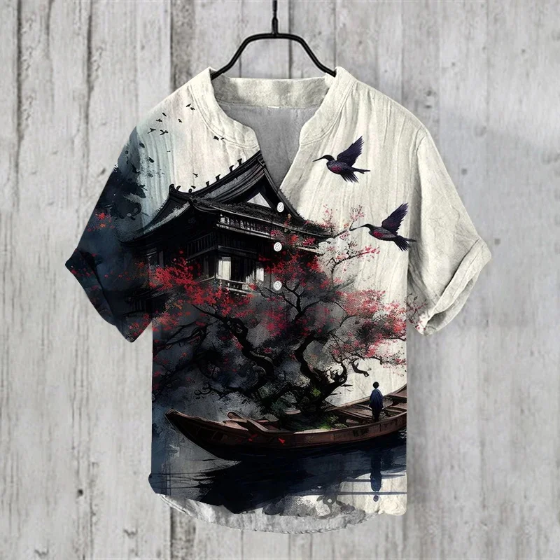 Men's Shirt Hawaiian Art Print Ink Landscape Series 3D Digital Printing Casual Loose Short Sleeve V Neck Shirt