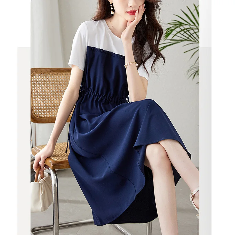 Preppy Style Patchwork Dresses for Women, Casual O-Neck, Draw String, Slim Short Sleeve, False 2 Piece Dress, Female, Summer