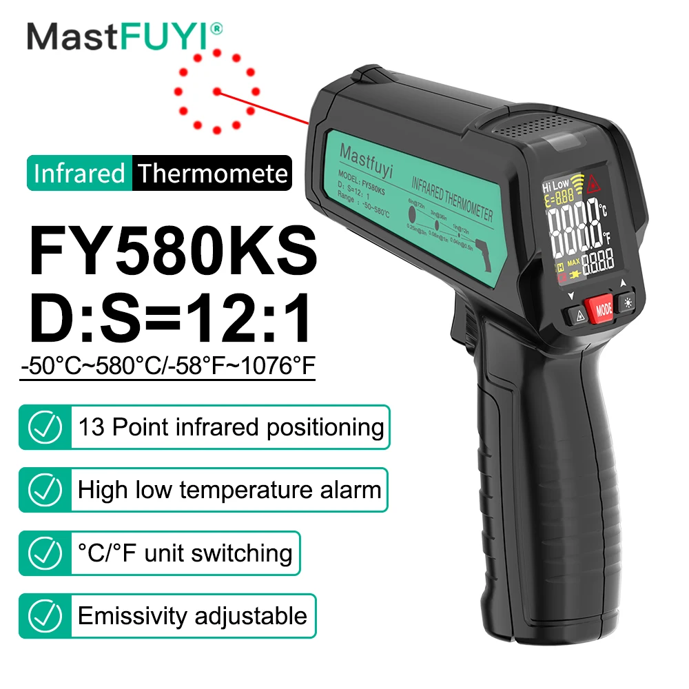 

MASTFUYI 13 Point Infrared Positioning Thermometer -50°C~580°C Laser Digital Thermometer Color LCD Pyrometer Ambient Recorder