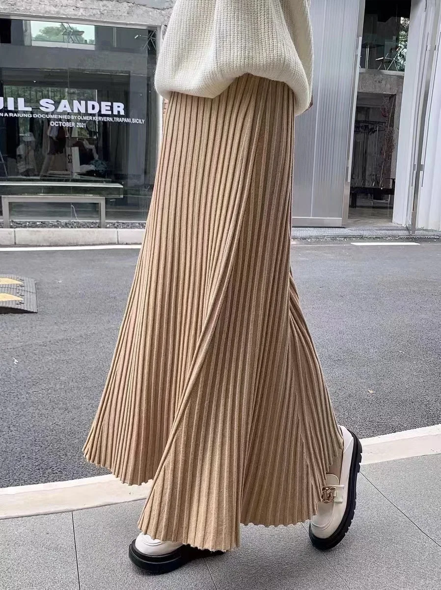 

Autumn Winter Women's Long Skirt High Waist Knitted A-line Pleated Skirt Ladies Elegant Solid Gray Loose Casual Skirts for Women