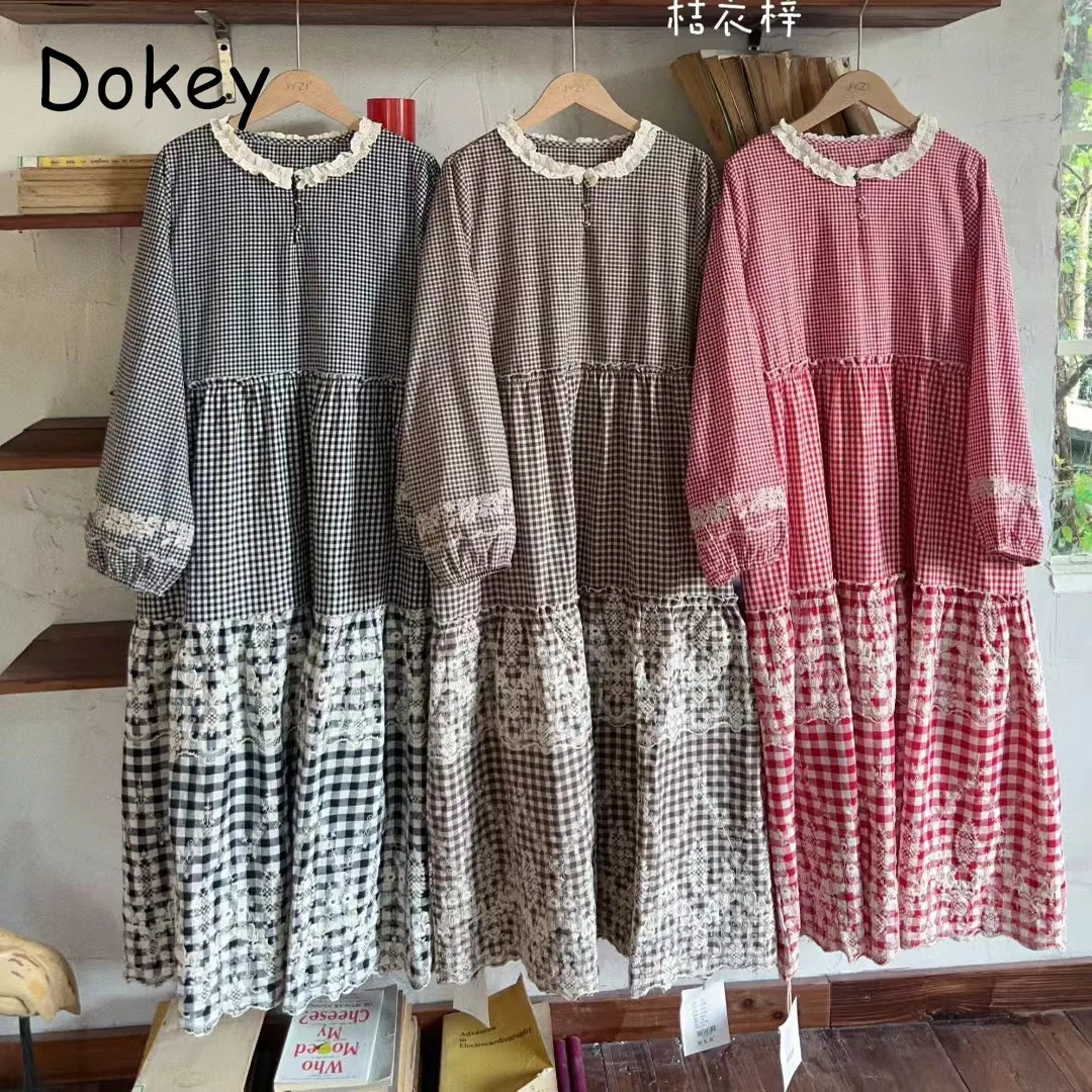 

Винтажное клетчатое хлопково-льняное платье, женское японское платье-пуловер с круглым вырезом и длинными рукавами для девочек, повседневное свободное платье большого размера, халат