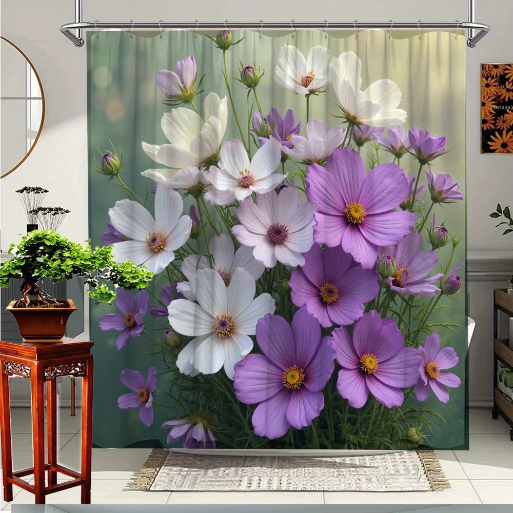 

1pc Floral Shower Curtain with Vibrant Purple & White Blooms - Machine Washable Polyester Fabric, 70.8x70.8 Inches, 12 Hooks