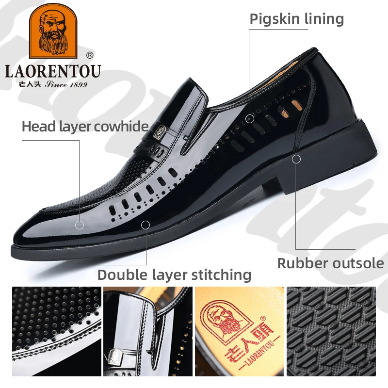 LAORENTOU genuine leather hollow breathable hole shoes, men\'s cowhide business dress leather shoes, pointed commuting shoes