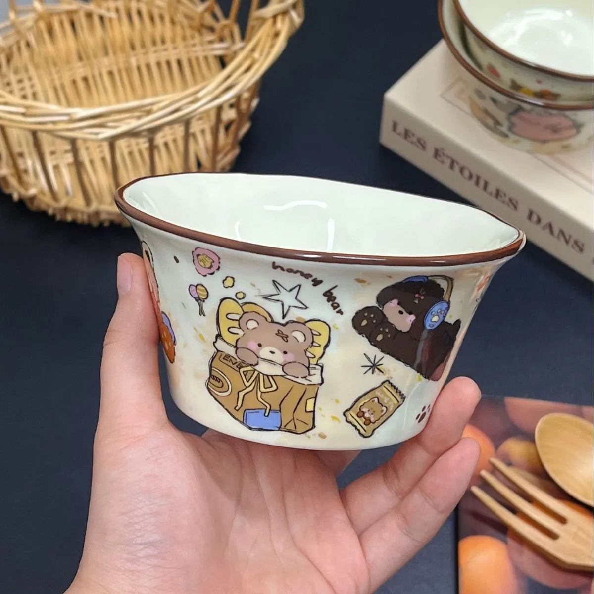 New High-value Bamboo Hat Bowls, Household Hand Molded Rice Bowl, Cute Animal Party Ceramic Bowl, Kitchen Utensils Soup Bowl