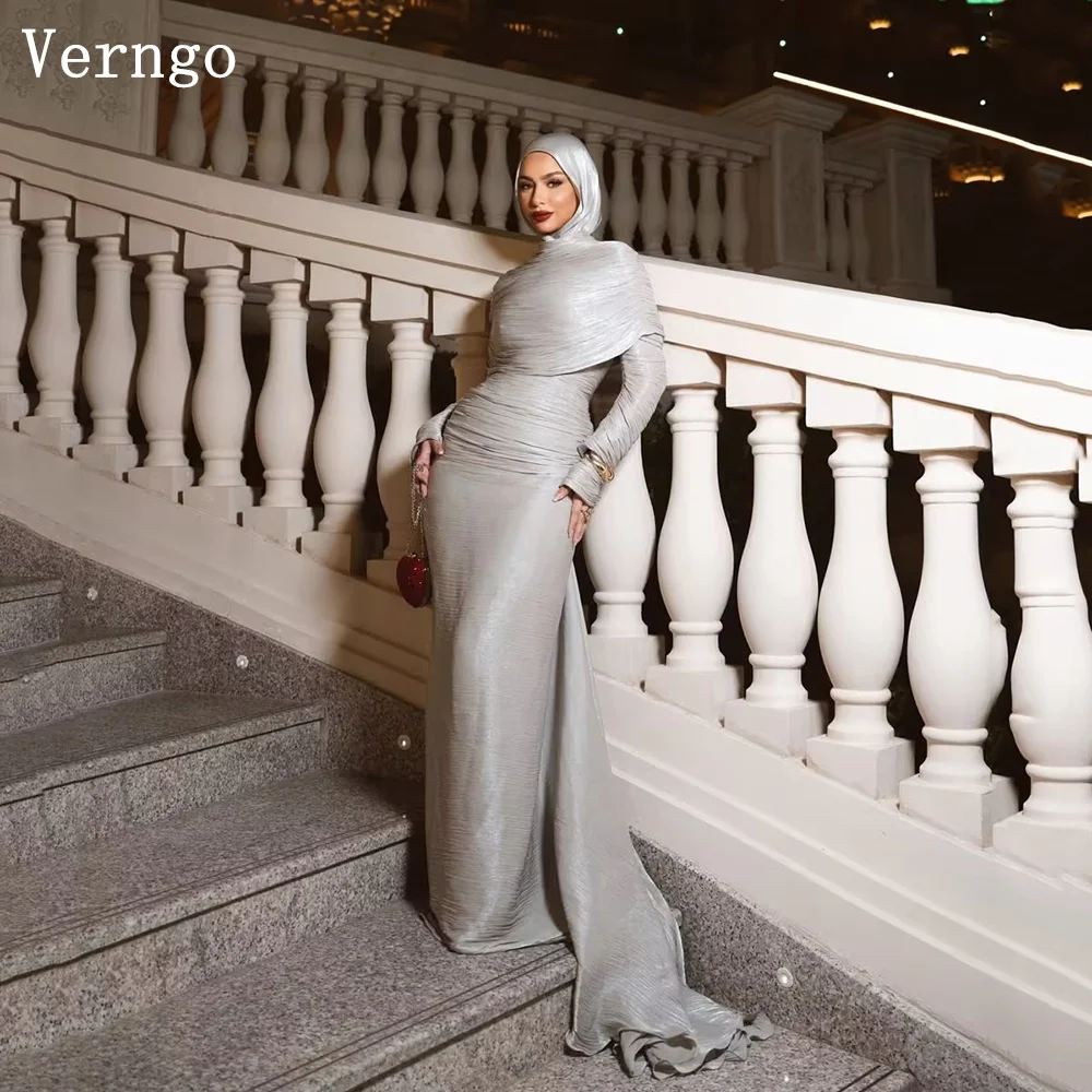 Verngo Gray Shiny Satin Evening Dress High Neck Full Sleeves Mermaid Prom Gown Pleated marmarhalim Dress Customized