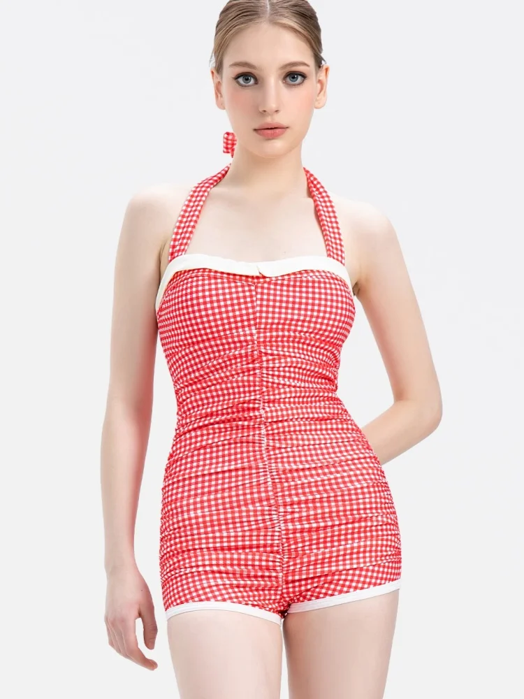 

Retro Red Plaid One-Piece Swimsuit for Women New Fashion Slimming Thermal Spa Swimming Costume Sweet Girl Thermal Pool Suit