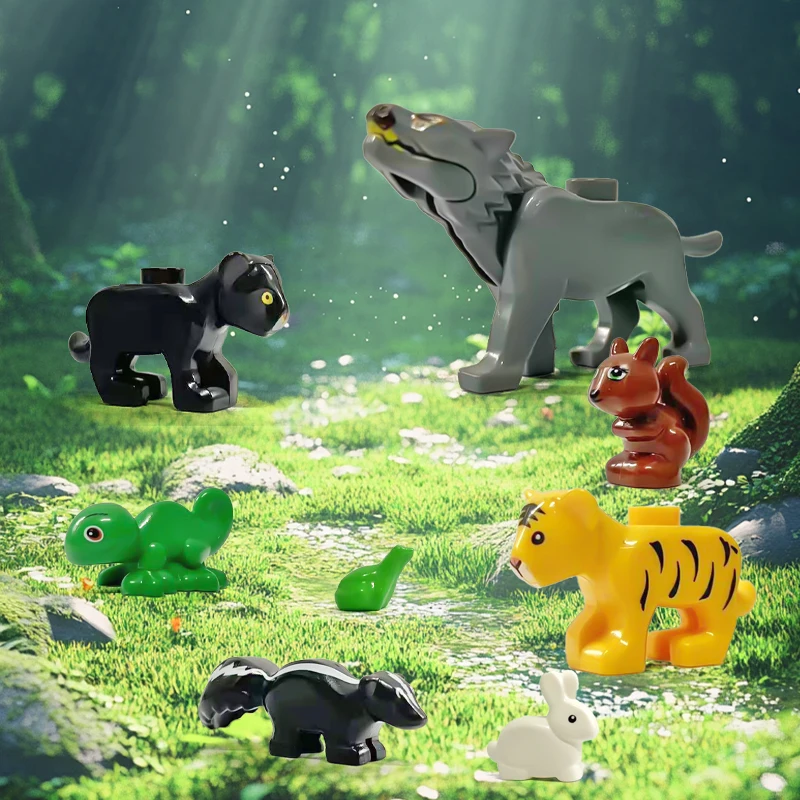 8pcs Forest Animals Asst MOC Building Blocks Set DIY Toys Wolf Skunk Tiger Leopard Squirrel Lizard Rabbit Frog Model Bricks