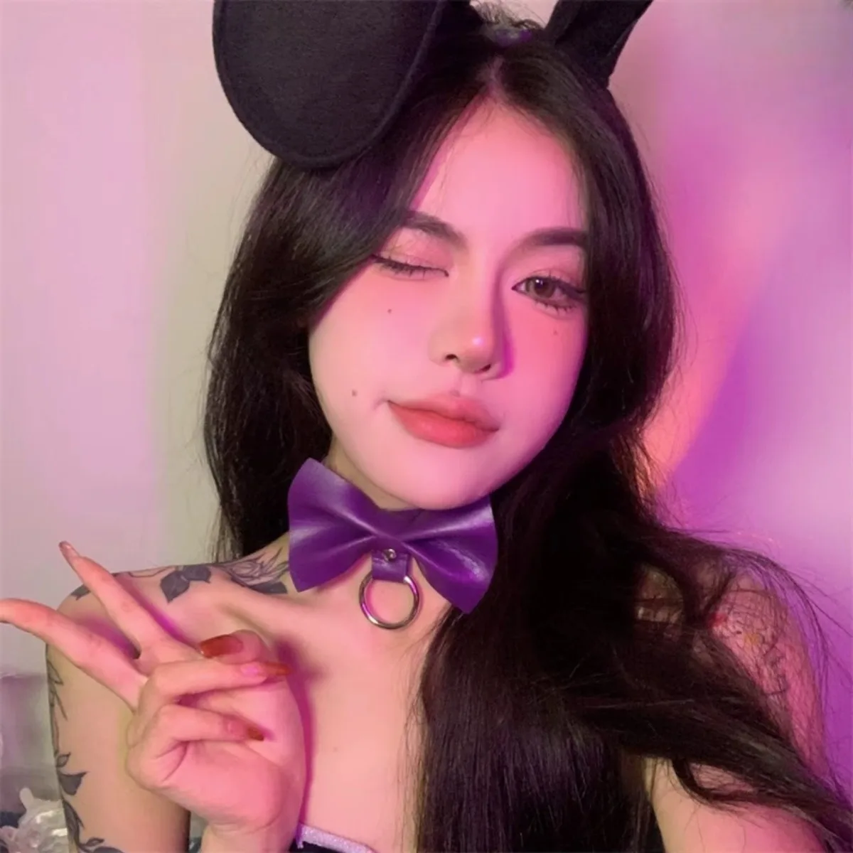 Leather Bow Collar | Circle Pendant Multicolored Punk Choker | Sexy Neck Ring Gift for Trendy Ladies