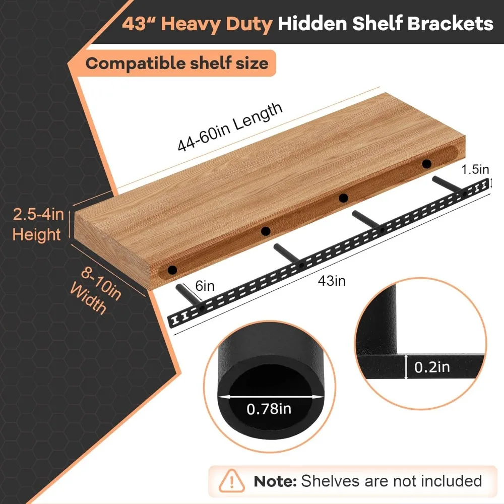 دعامات أرفف عائمة كبيرة الحجم مقاس 43 × 6 بوصة، أجهزة تثبيت على الحائط مخفية، فولاذ صلب سميك لدعم قوي، متينة #2