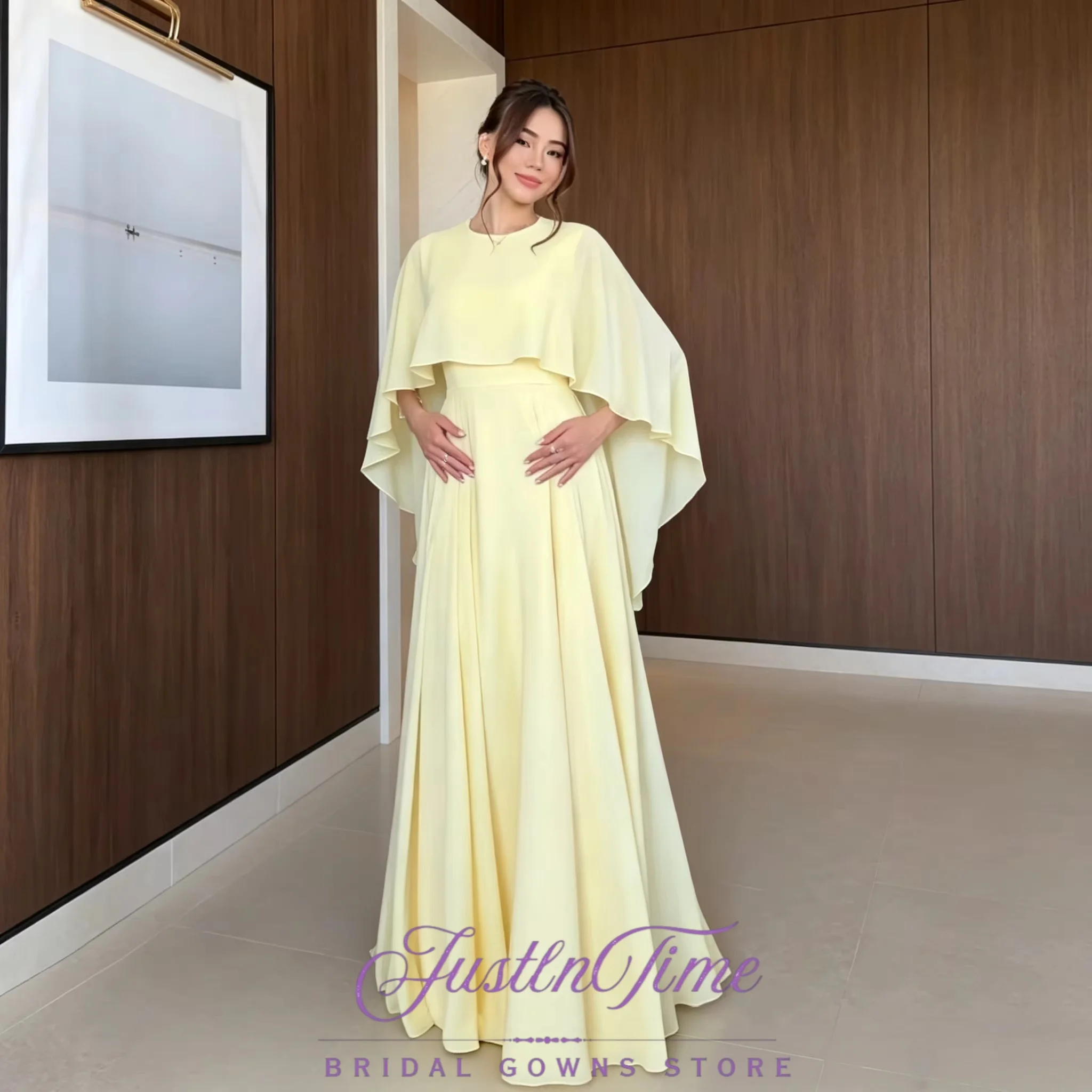 JUSTLNTIME Light Yellow Cape Flutter Sleeve A-Line Evening Dress Round Neck Chiffon Elegant 2026 Customized Vestidos De Festa