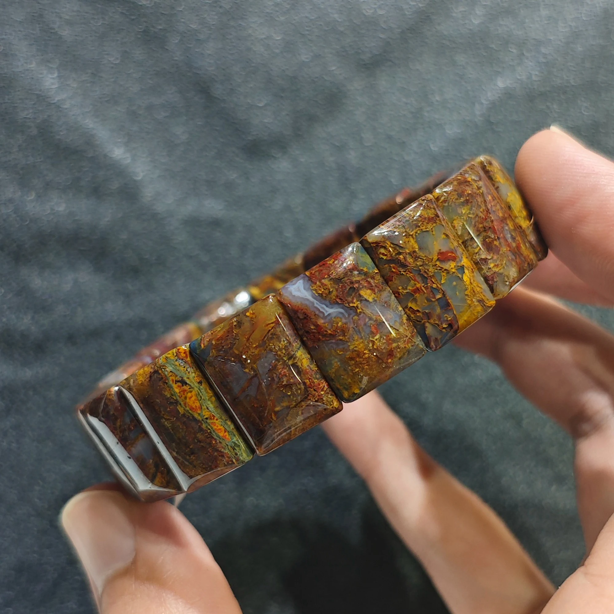 Earth Tone Pietersite Cuff Bracelet Natural Gemstone Block Bead Wristlet Aesthetic Ethnic Style Fine Jewelry Present for Friend