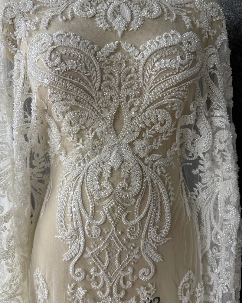 Gorgeous Heavy Beads High Quality Beaded Sequins Pearls white lace fabric embroidered for wedding dresses Sell By  Yard