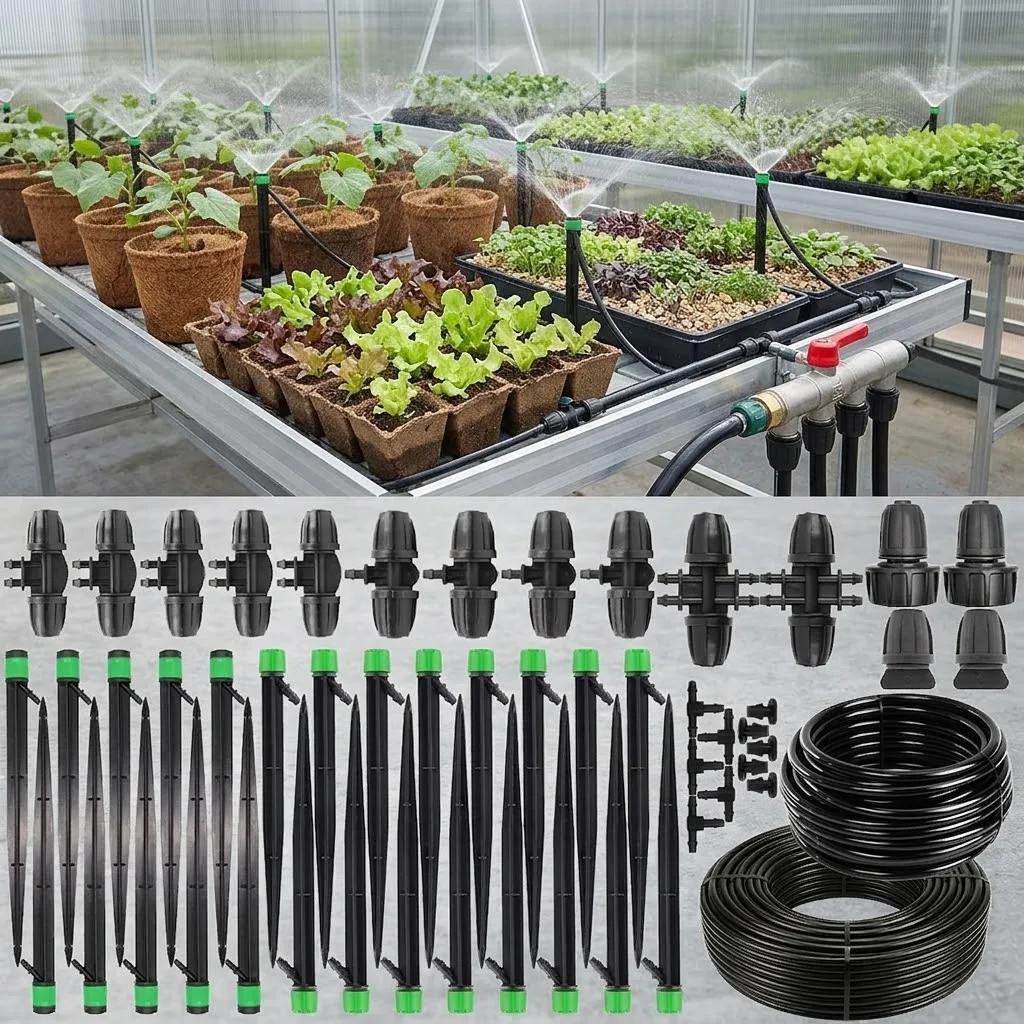 Premium Adjustable Drip Irrigation System for Garden with Drip Emitters 5/16 and 1/4 Inch Irrigation Tubing Fitting Complete Kit
