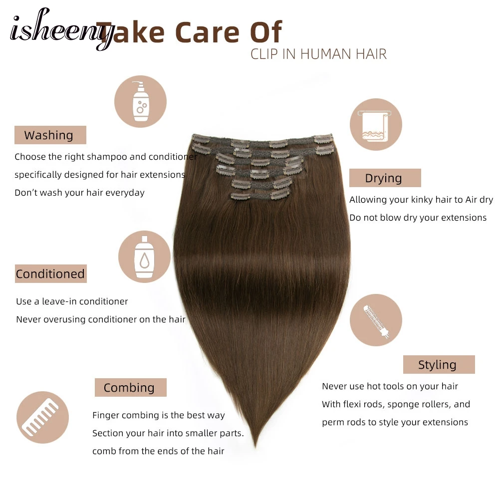 Isheeny-extensiones de cabello humano liso, pelo Natural con Clip de volumen de 140-240G, 14 "-24", máquina brasileña, Remy, cabeza completa