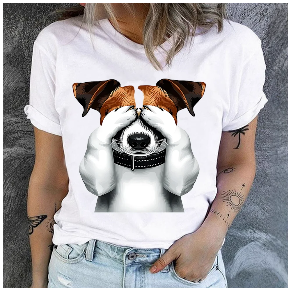 Men Women's Cotton 100% Naughty Jack Russell Print T-Shirt Loose Round Neck Casual Short Sleeve Fashion Top Clothing Summer